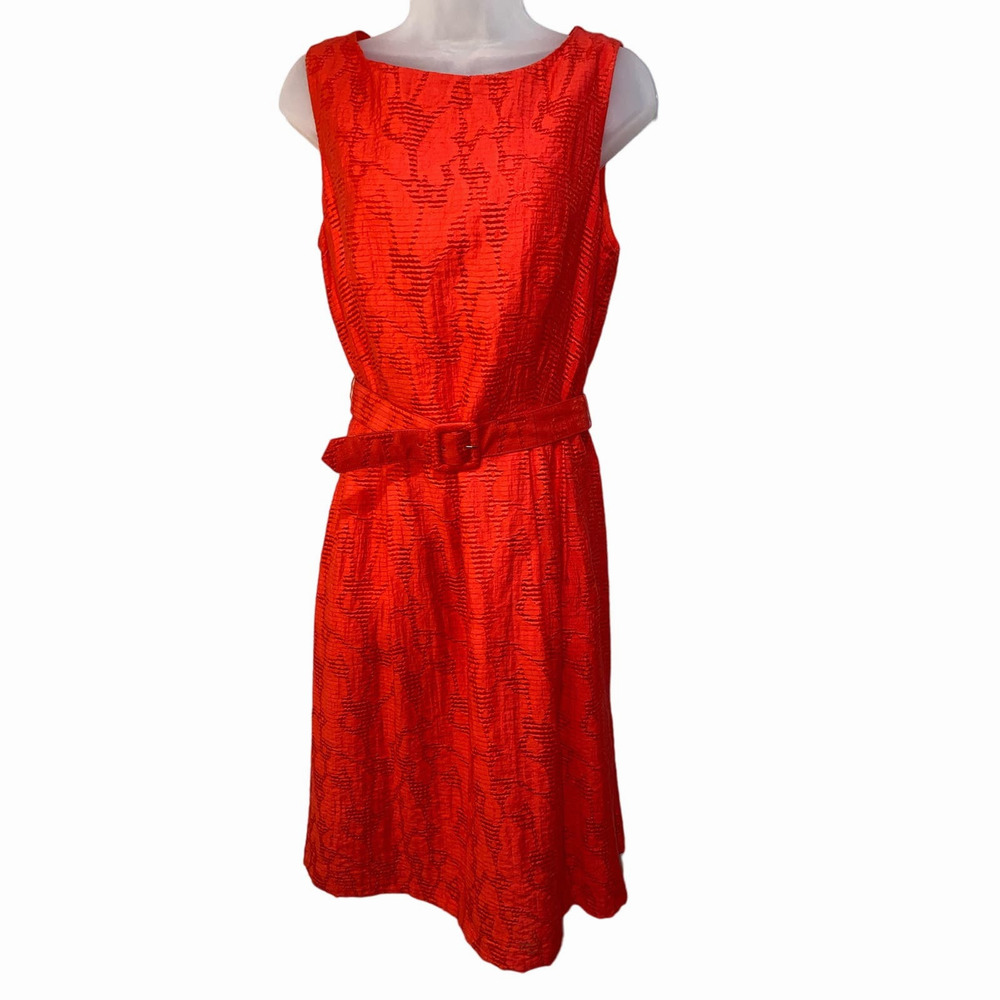 Jones New York Dress Red Sheer Patterned w/ Belt Tea Length Women's Size 12